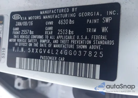 2016 Kia Optima Sxl Turbo from USA, damaged, VIN 5XXGV4L24GG037825